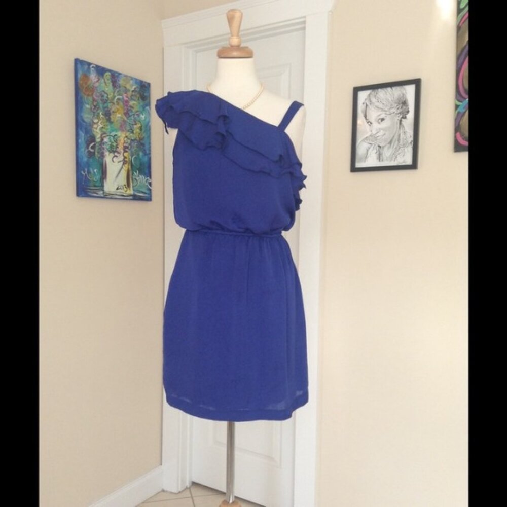 Holiday Royal Blue One Shoulder Ruffle Dress